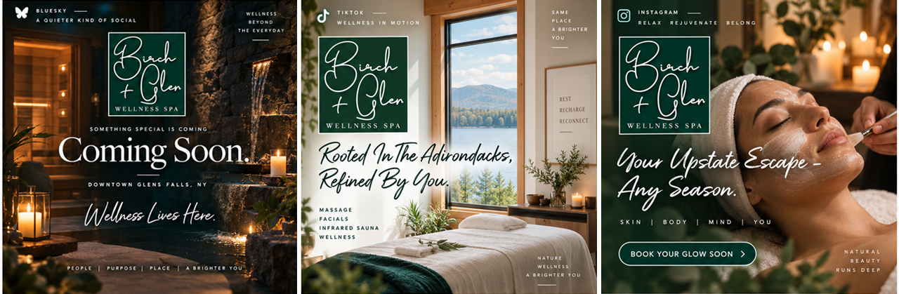 Social media graphics for 'Birch & Glen Wellness Spa'